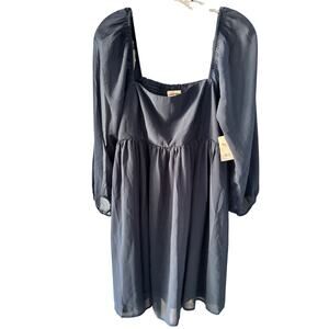 Lucky Brand Smocked Mini Dress Womens Large Blue Puff Sleeve NWT